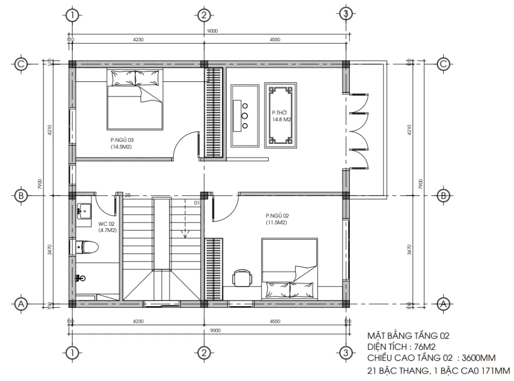 Bản vẽ bố trí công năng tầng 2 mẫu nhà 2 tầng 1 tum hiện đại diện tích 7,9x9m.