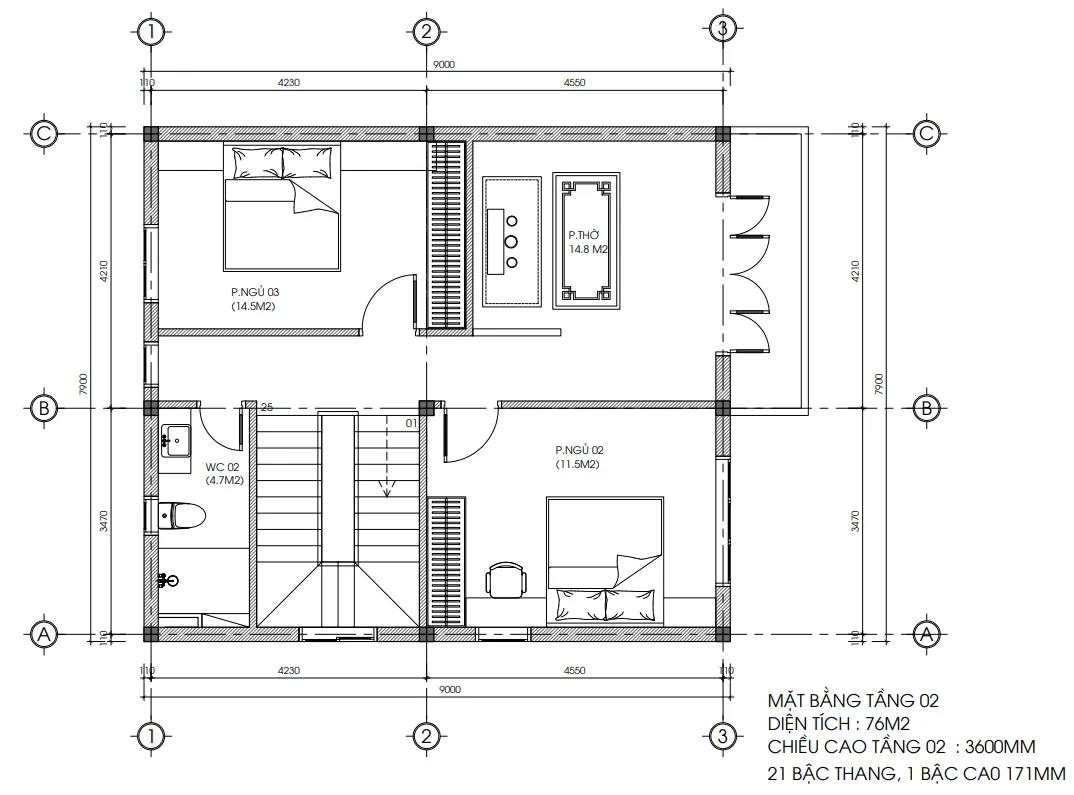 Bản vẽ bố trí công năng tầng 2 mẫu nhà 2 tầng 1 tum hiện đại diện tích 7,9x9m.