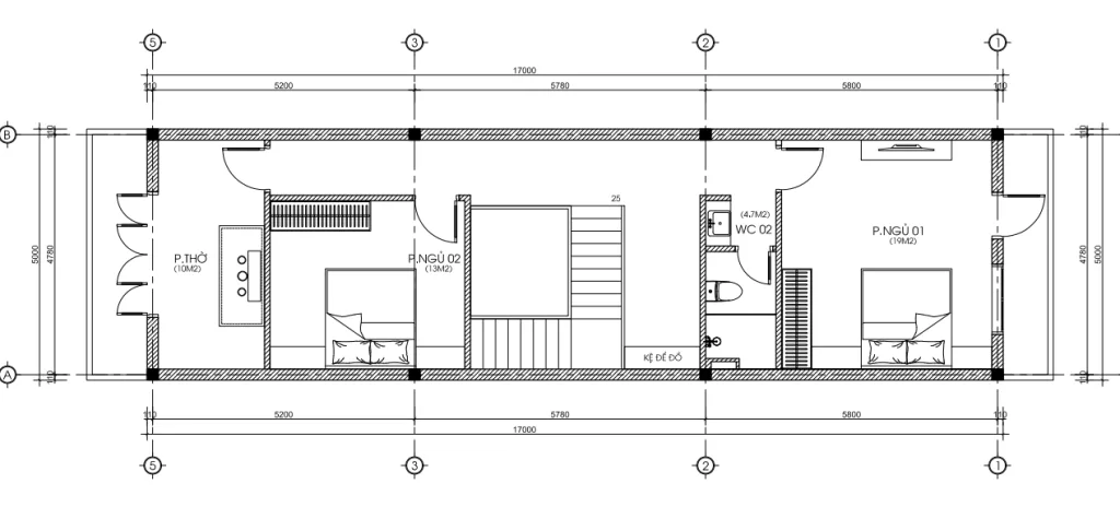 Bản vẽ bố trí công năng tầng 2 mẫu nhà 2 tầng đẹp diện tích 5x17m khoa học.