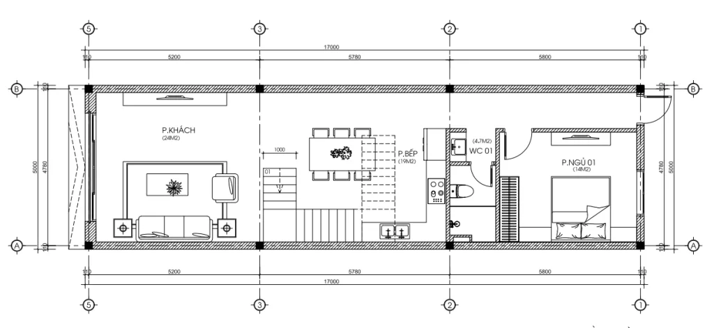 Bản vẽ bố trí công năng tầng 1 mẫu nhà 2 tầng đẹp diện tích 5x17m khoa học.