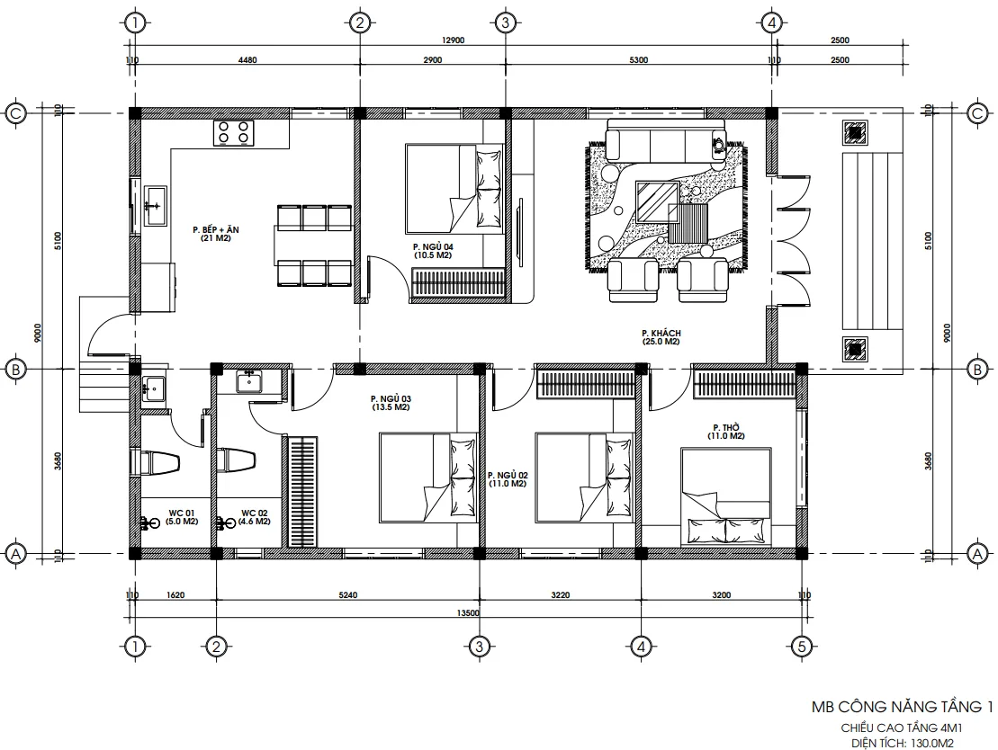 Bản vẽ bố trí công năng tầng 1 nhà cấp 4 diện tích 130m2 gồm 4 phòng ngủ