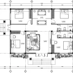 Bản vẽ bố trí công năng tầng 1 mẫu nhà mái Nhật 160m2 gồm 1 khách, 1 thờ và 4 phòng ngủ tiện nghi.