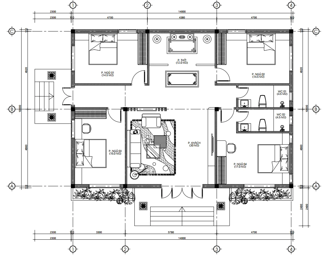 Bản vẽ bố trí công năng tầng 1 mẫu nhà mái Nhật 160m2 gồm 1 khách, 1 thờ và 4 phòng ngủ tiện nghi.