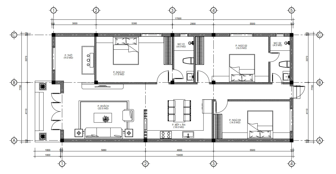Bản vẽ mặt bằng công năng nhà cấp 4 mái Nhật diện tích 136m2 bố trí 3 phòng ngủ khoa học.