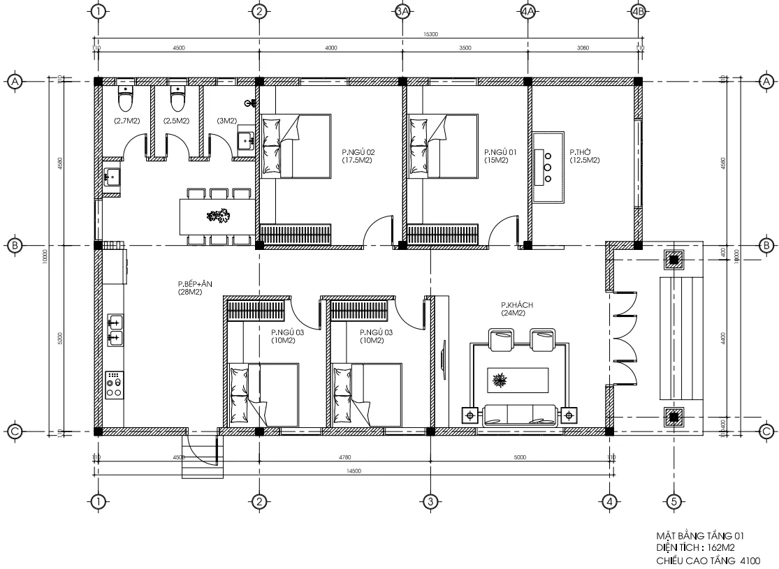 Bản vẽ bố trí công năng tầng 1 mẫu nhà cấp 4 mái Nhật diện tích 162m2 gồm 4 phòng ngủ.