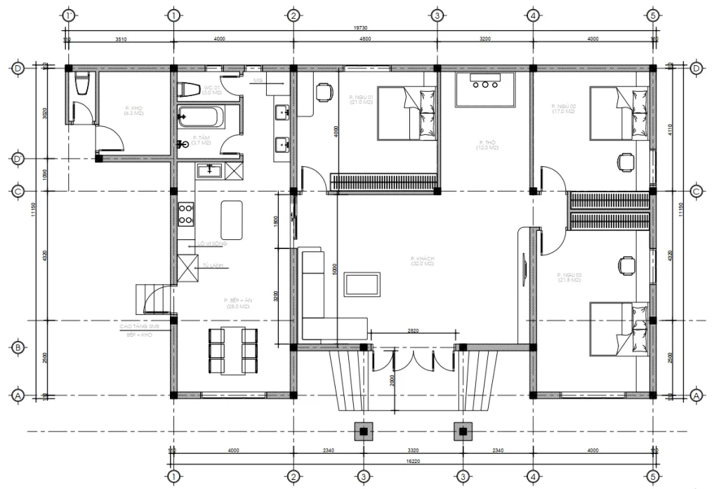 Bản vẽ mặt bằng công năng mẫu nhà mái Nhật 1 tầng 3 phòng ngủ diện tích 180m2 chuẩn phong thủy.