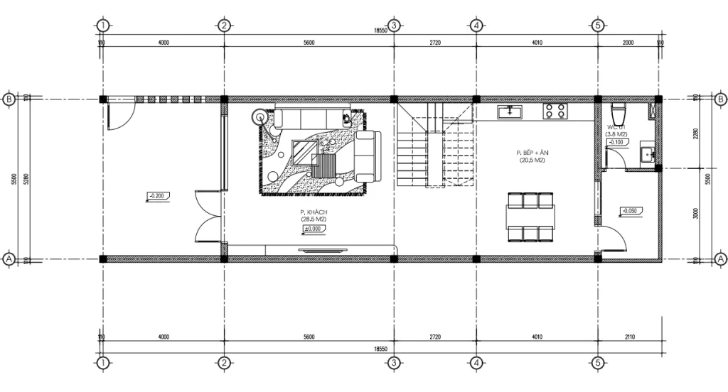 mặt bằng tầng 1 mẫu nhà ống 3 tầng đẹp