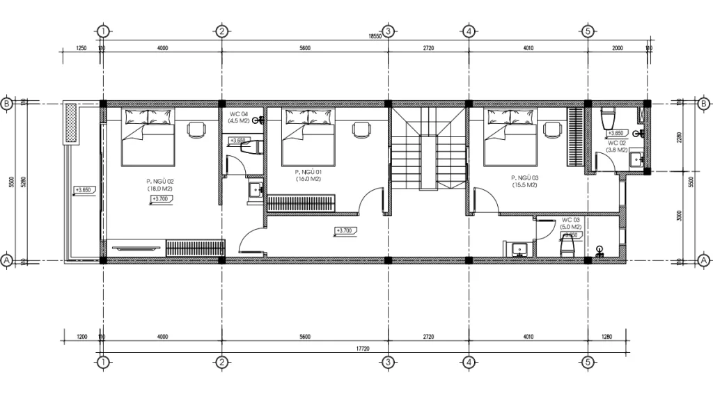 mặt bằng tầng 2 mẫu nhà ống 3 tầng đẹp