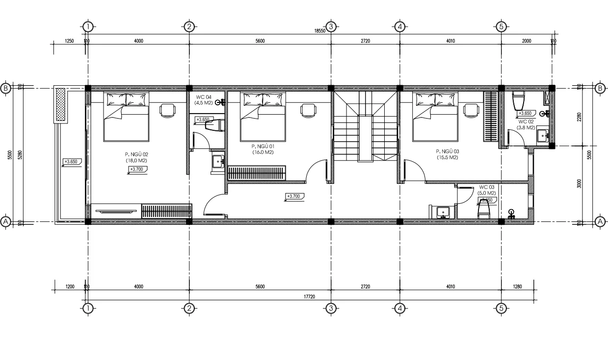 mặt bằng tầng 2 mẫu nhà ống 3 tầng đẹp