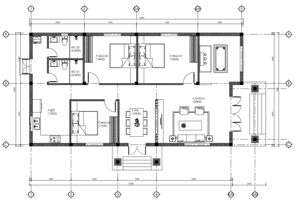 Bản vẽ bố trí công năng mẫu nhà vườn mái Nhật diện tích 140m2 gồm 3 phòng ngủ và 1 phòng khách liên thông phòng ăn.