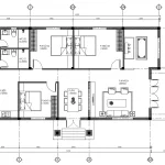 Bản vẽ bố trí công năng mẫu nhà vườn mái Nhật diện tích 140m2 gồm 3 phòng ngủ và 1 phòng khách liên thông phòng ăn.