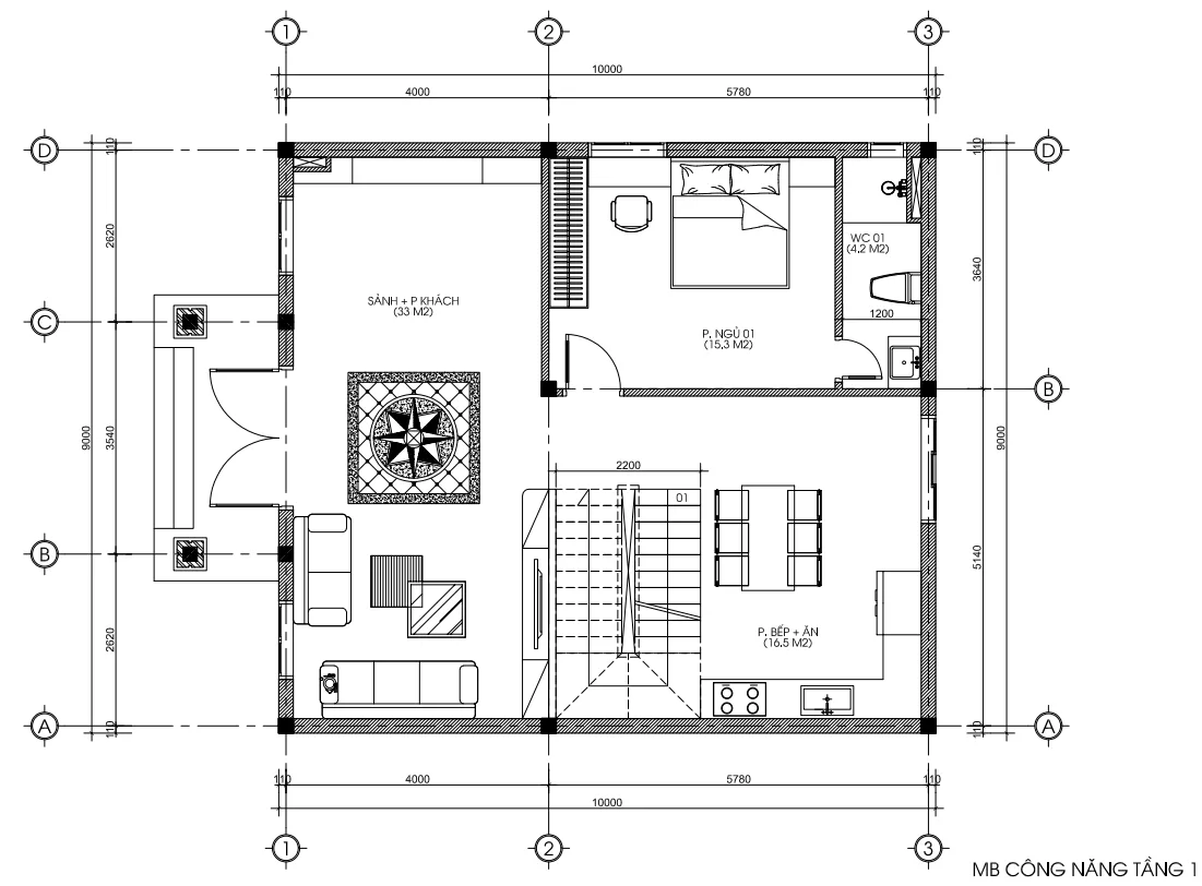 Bản vẽ bố trí công năng tầng 1 biệt thự Tân cổ điển mái Mansard diện tích 100m2.