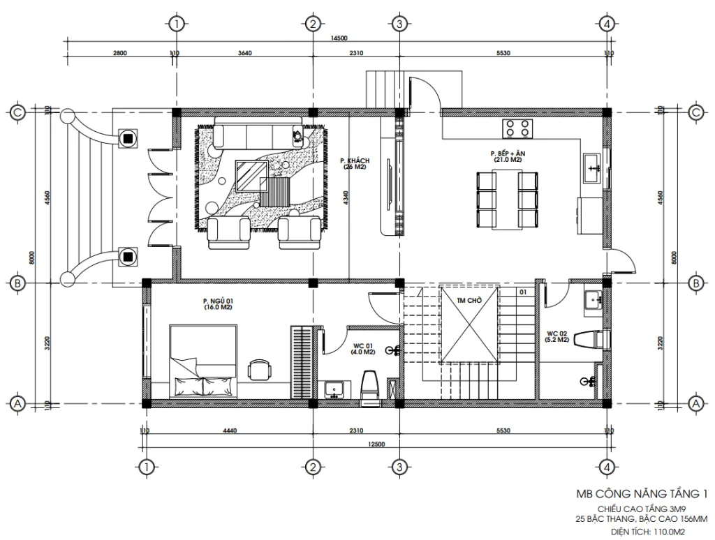Bản vẽ bố trí công năng tầng 1 biệt thự mái Mansard tân cổ điển diện tích 110m2 có phòng khách 26m2