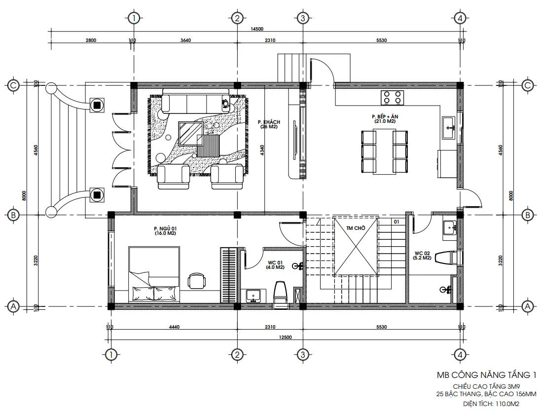 Bản vẽ bố trí công năng tầng 1 biệt thự mái Mansard tân cổ điển diện tích 110m2 có phòng khách 26m2