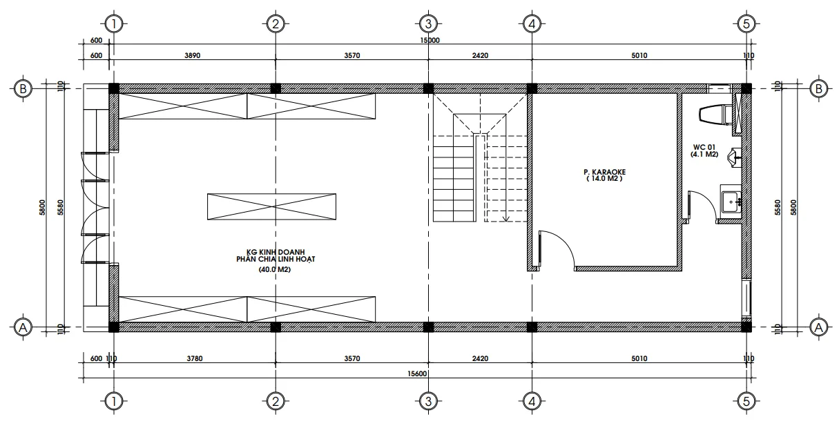 Bản vẽ mặt bằng công năng tầng 1 mẫu nhà phố 3 tầng đẹp bố trí khu vực kinh doanh rộng 40m2.