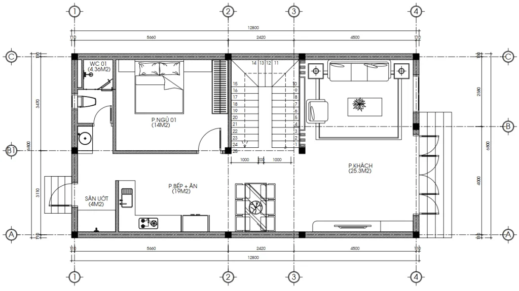 Bản vẽ bố trí công năng tầng 1 mẫu nhà 2 tầng đẹp diện tích 92m2 gồm phòng khách và bếp ăn liên thông.