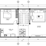 Bản vẽ bố trí công năng tầng 1 mẫu nhà 2 tầng đẹp diện tích 92m2 gồm phòng khách và bếp ăn liên thông.