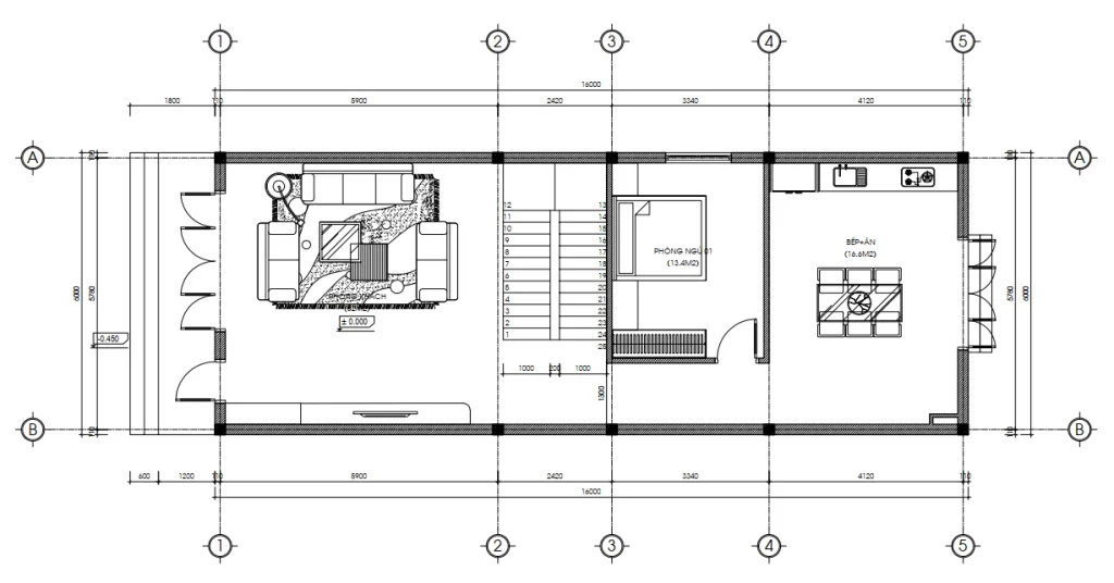 Bản vẽ bố trí công năng tầng 1 mẫu nhà 2 tầng mái Nhật hiện đại diện tích 106m2 gồm phòng khách, 1 ngủ và bếp ăn.