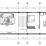 Bản vẽ bố trí công năng tầng 1 mẫu nhà 2 tầng mái Nhật hiện đại diện tích 106m2 gồm phòng khách, 1 ngủ và bếp ăn.