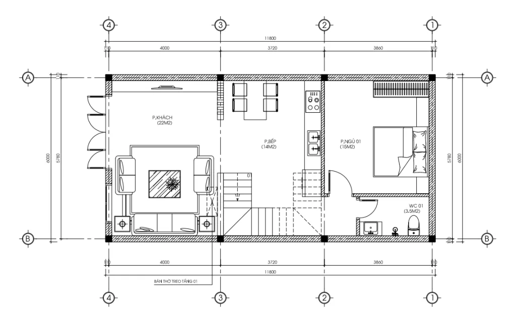 Bản vẽ bố trí công năng tầng 1 mẫu nhà 3 tầng đẹp diện tích 71m2 gồm phòng khách và bếp ăn liên thông.