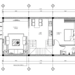 Bản vẽ bố trí công năng tầng 1 mẫu nhà 3 tầng đẹp diện tích 71m2 gồm phòng khách và bếp ăn liên thông.