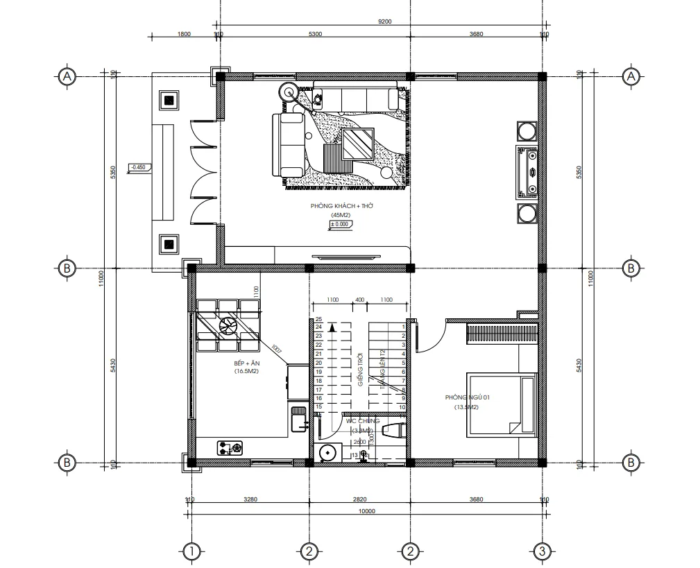 Bản vẽ bố trí công năng tầng 1 mẫu nhà 2 tầng 1 tum mái Nhật diện tích 115m2 có phòng ngủ ông bà.