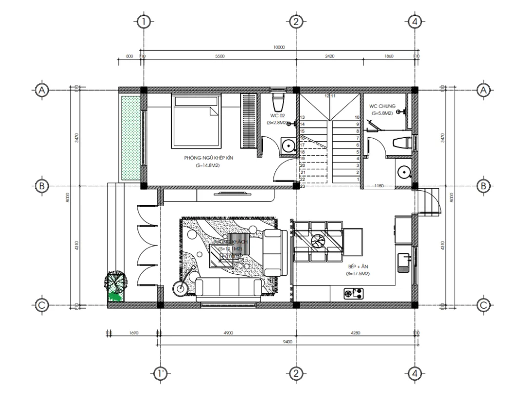 Bản vẽ bố trí công năng tầng 1 mẫu nhà 2 tầng đẹp diện tích 85m2 với 1 phòng ngủ khép kín.