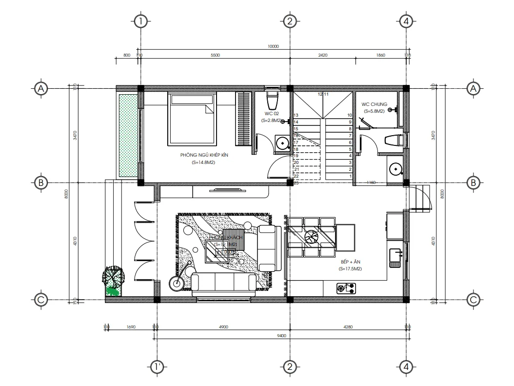 Bản vẽ bố trí công năng tầng 1 mẫu nhà 2 tầng đẹp diện tích 85m2 với 1 phòng ngủ khép kín.