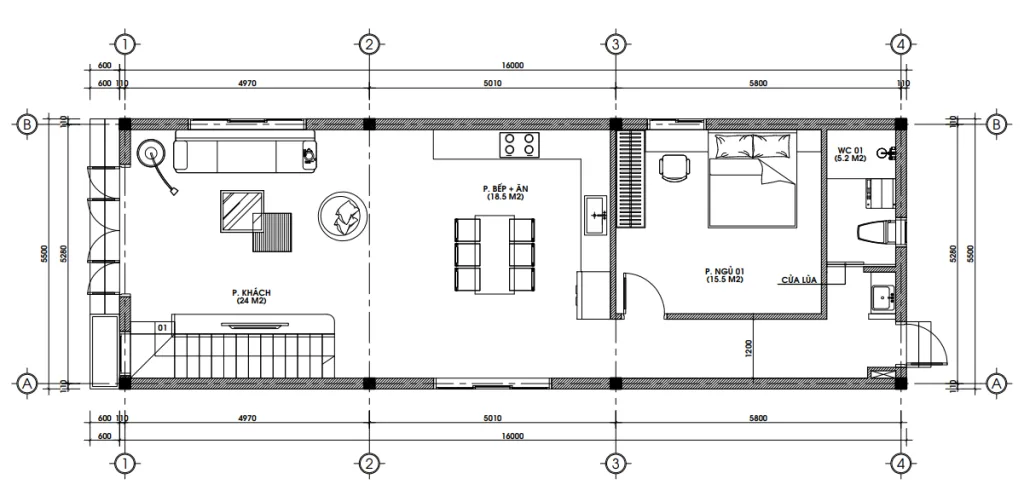Bản vẽ bố trí công năng tầng 1 mẫu nhà 2 tầng đẹp diện tích 90m2 gồm phòng khách và bếp ăn liên thông.