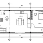 Bản vẽ bố trí công năng tầng 1 mẫu nhà 2 tầng đẹp diện tích 90m2 gồm phòng khách và bếp ăn liên thông.