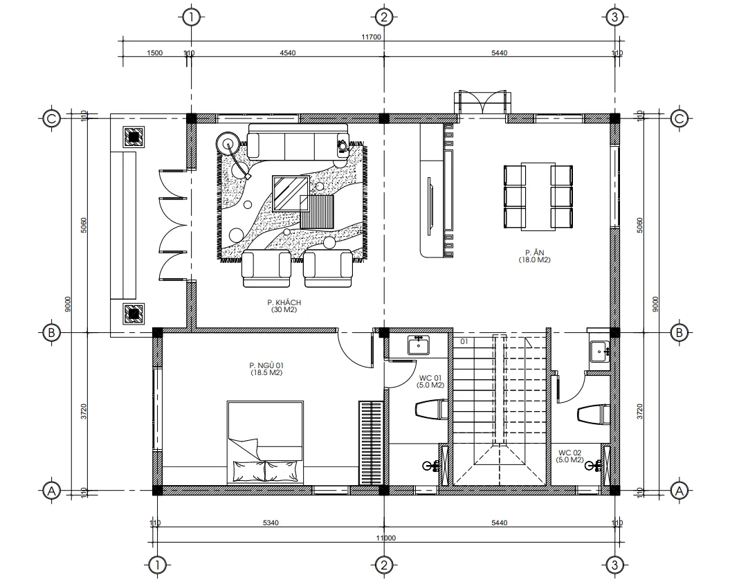 Bản vẽ bố trí công năng tầng 1 mẫu nhà 2 tầng mái Nhật diện tích 105m2 khoa học.