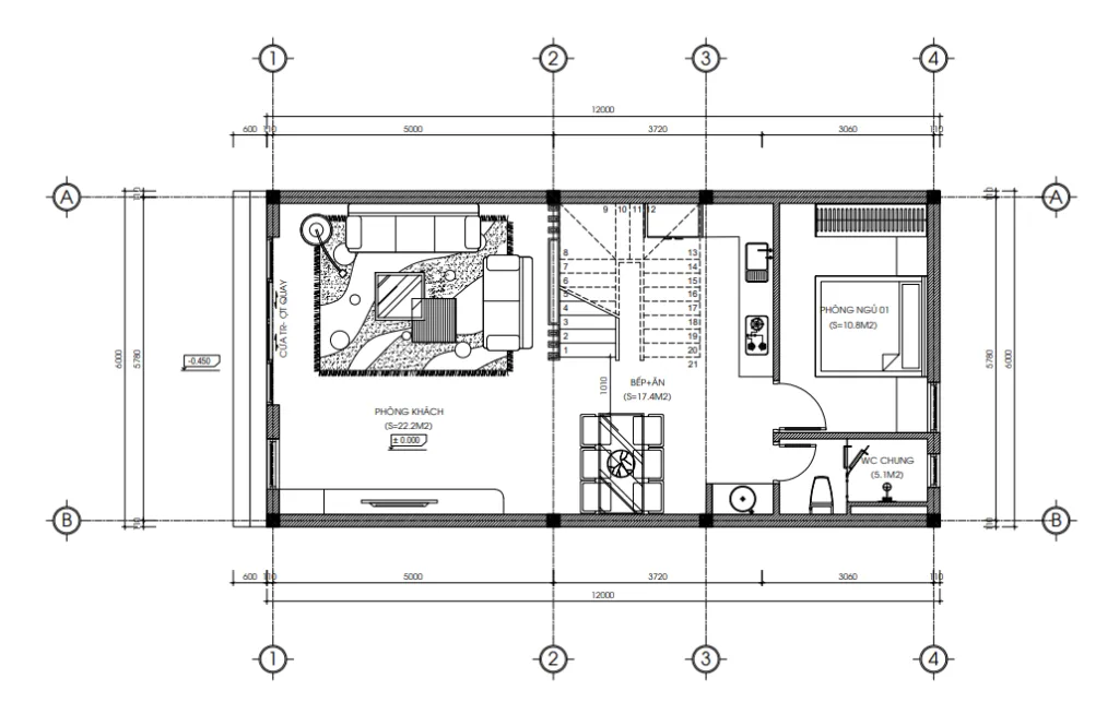 Bản vẽ bố trí công năng tầng 1 mẫu nhà 2 tầng đẹp diện tích 75m2 với phòng khách và bếp liên thông.