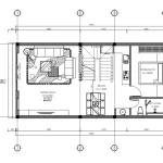 Bản vẽ bố trí công năng tầng 1 mẫu nhà 2 tầng đẹp diện tích 75m2 với phòng khách và bếp liên thông.