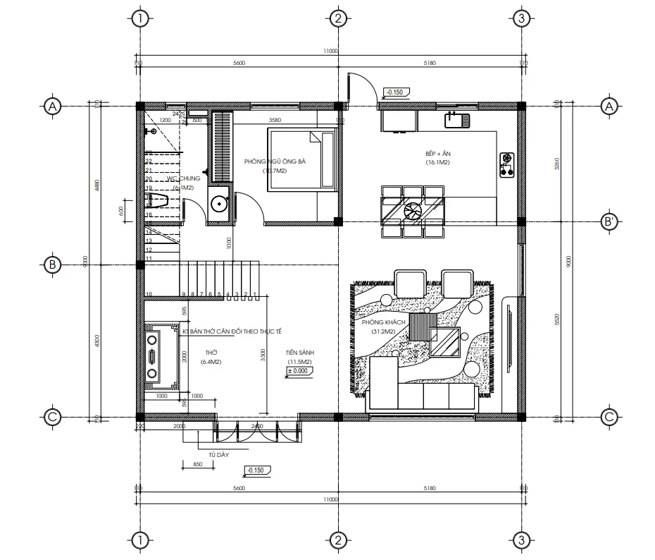 Bản vẽ bố trí công năng tầng 1 mẫu thiết kế nhà 3 tầng hiện đại diện tích 99m2.