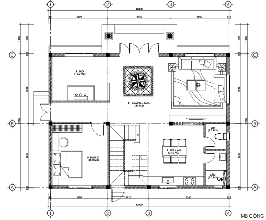 Bản vẽ bố trí công năng tầng 1 mẫu nhà mái Nhật 2 tầng diện tích 115m2