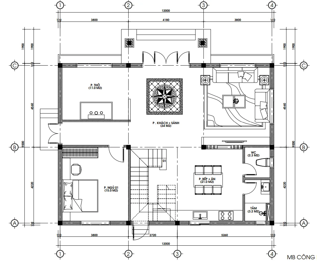 Bản vẽ bố trí công năng tầng 1 mẫu nhà mái Nhật 2 tầng diện tích 115m2
