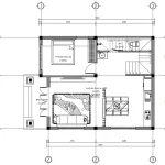 Bản vẽ bố trí công năng tầng 1 mẫu nhà 2 tầng mái Nhật diện tích 71m2 gồm phòng khách, bếp ăn và 1 phòng ngủ.