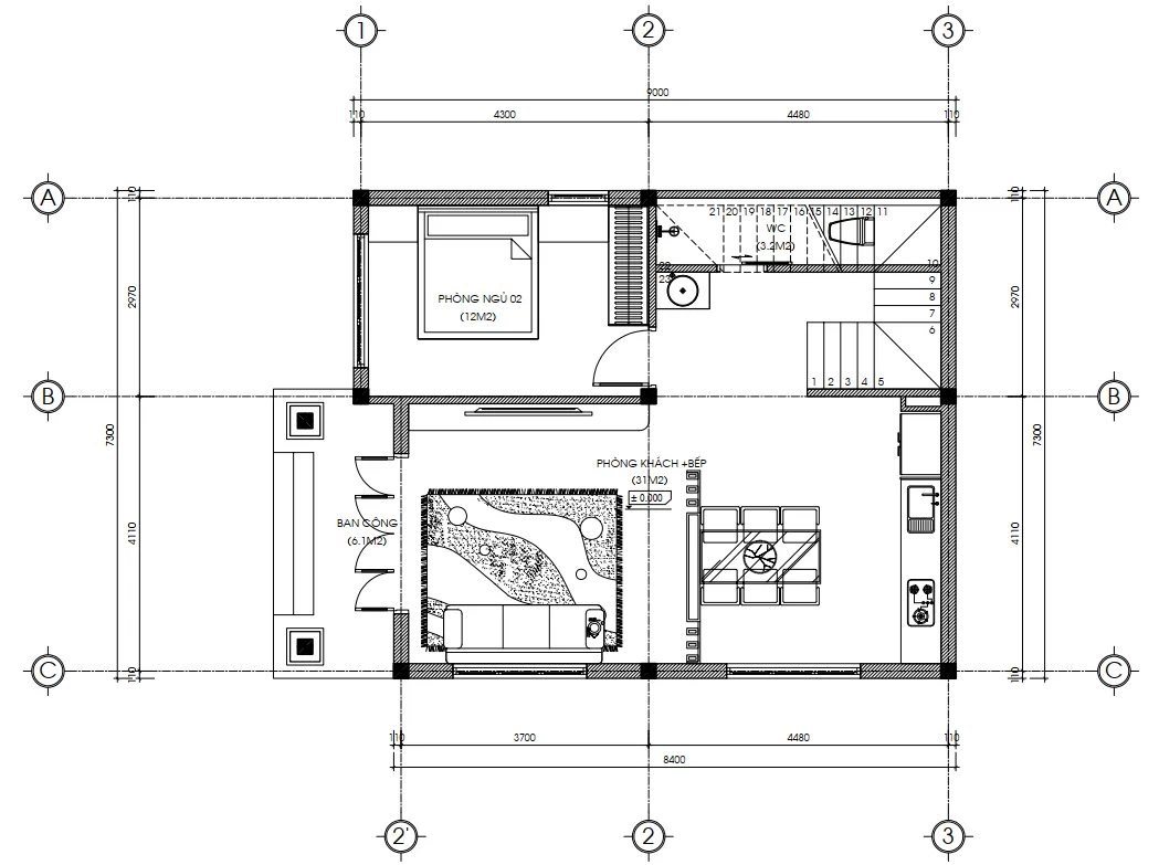 Bản vẽ bố trí công năng tầng 1 mẫu nhà 2 tầng mái Nhật diện tích 71m2 gồm phòng khách, bếp ăn và 1 phòng ngủ.