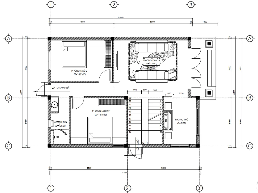 Bản vẽ bố trí công năng tầng 1 mẫu nhà 2 tầng mái Nhật diện tích 94m2 gồm phòng khách và 2 phòng ngủ.