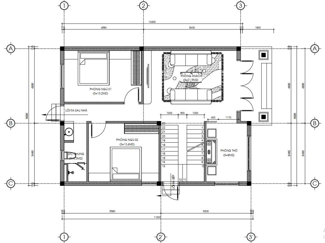 Bản vẽ bố trí công năng tầng 1 mẫu nhà 2 tầng mái Nhật diện tích 94m2 gồm phòng thờ, phòng khách và 2 phòng ngủ.