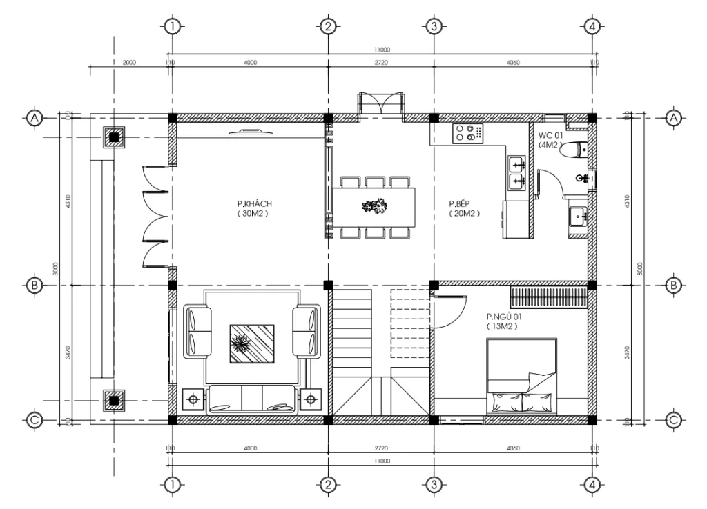 mặt bằng tầng 1 mẫu nhà 2 tầng mái Nhật