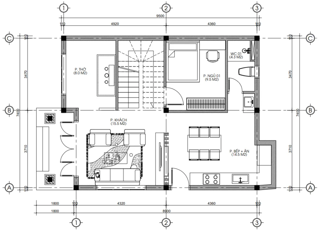 Bản vẽ bố trí công năng tầng 1 mẫu nhà 2 tầng mái Thái diện tích 75m2 gồm phòng khách, phòng thờ, bếp ăn và 1 ngủ.