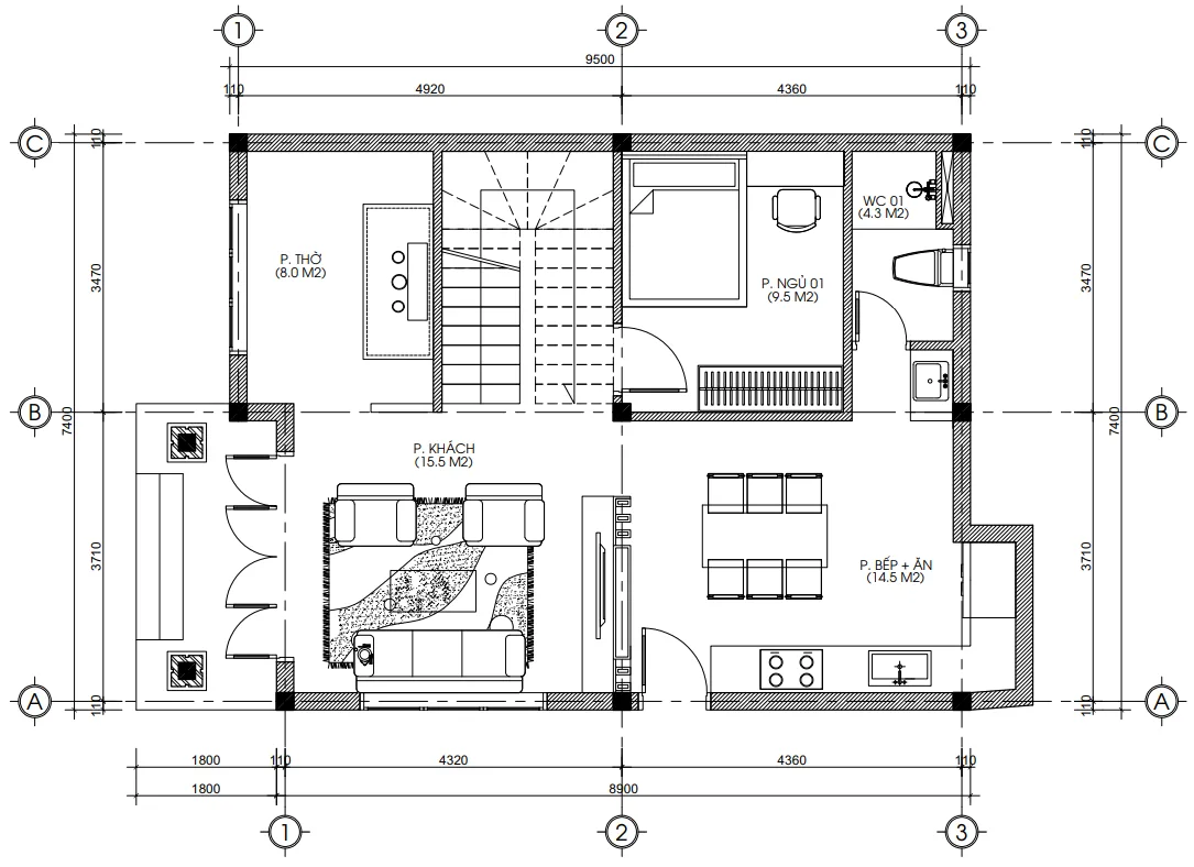 Bản vẽ bố trí công năng tầng 1 mẫu nhà 2 tầng mái Thái diện tích 75m2 gồm phòng khách, phòng thờ, bếp ăn và 1 ngủ.