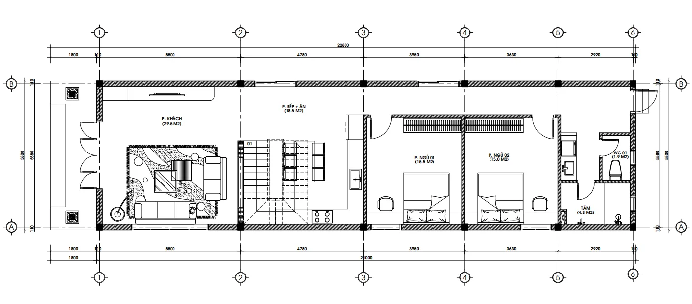 Bản vẽ bố trí công năng tầng 1 thiết kế nhà ống 2 tầng mái Thái diện tích 110m2 với 5 phòng ngủ tiện nghi.