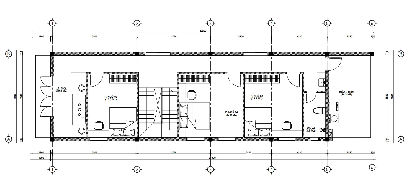 Bản vẽ bố trí công năng tầng 2 thiết kế nhà ống 2 tầng mái Thái diện tích 115m2 với 5 phòng ngủ tiện nghi.