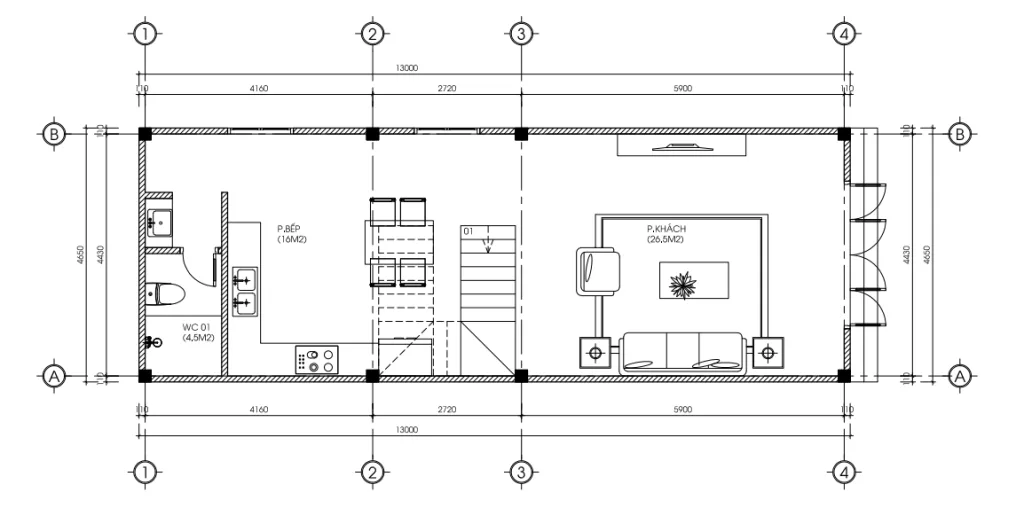 Bản vẽ bố trí công năng tầng 1 mẫu nhà ống 3 tầng đẹp diện tích 60m2 gồm phòng khách và bếp ăn liên thông.