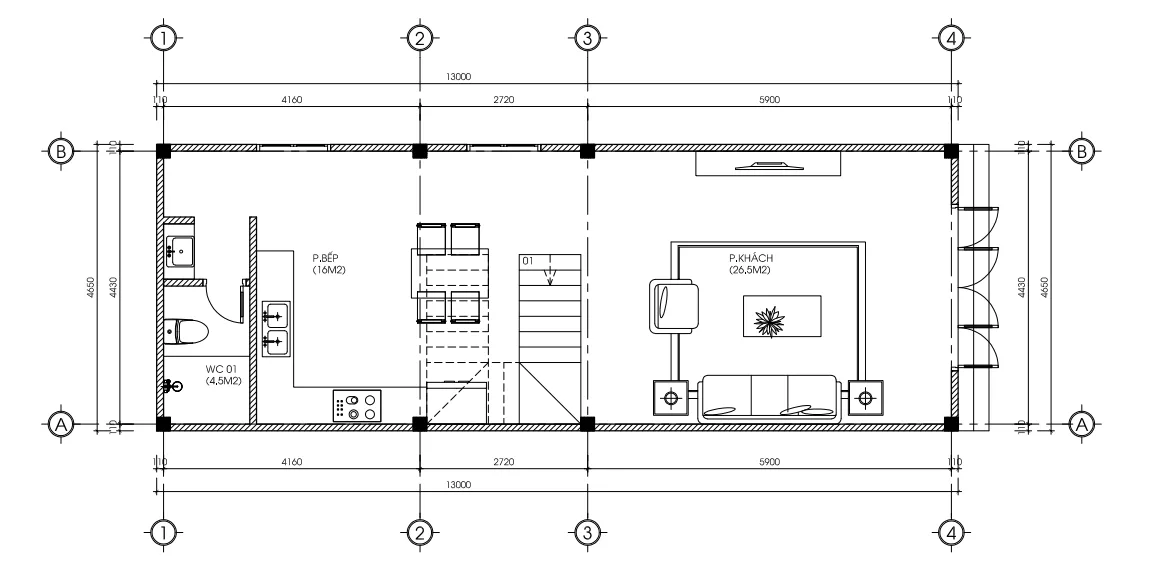 Bản vẽ bố trí công năng tầng 1 mẫu nhà ống 3 tầng đẹp diện tích 60m2 gồm phòng khách và bếp ăn liên thông.