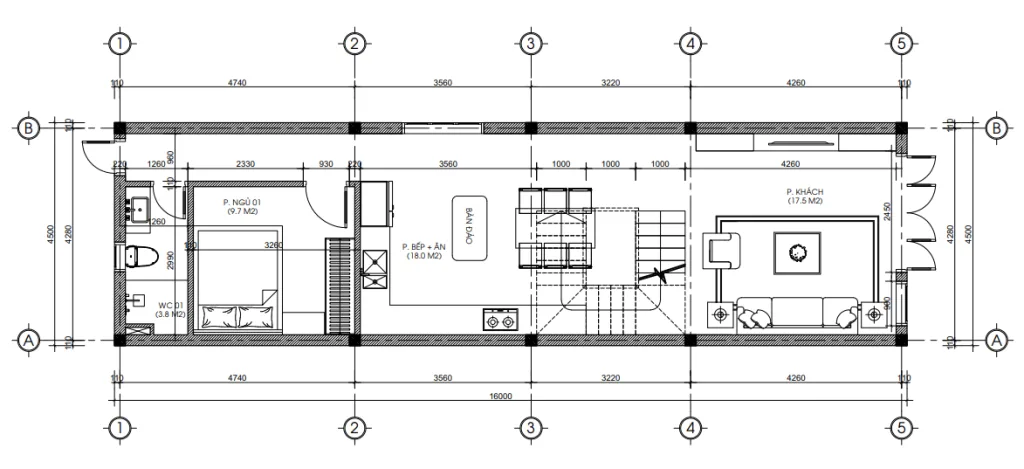 Bản vẽ bố trí công năng tầng 1 mẫu thiết kế nhà ống 3 tầng diện tích 72m2 gồm phòng khách và bếp ăn.