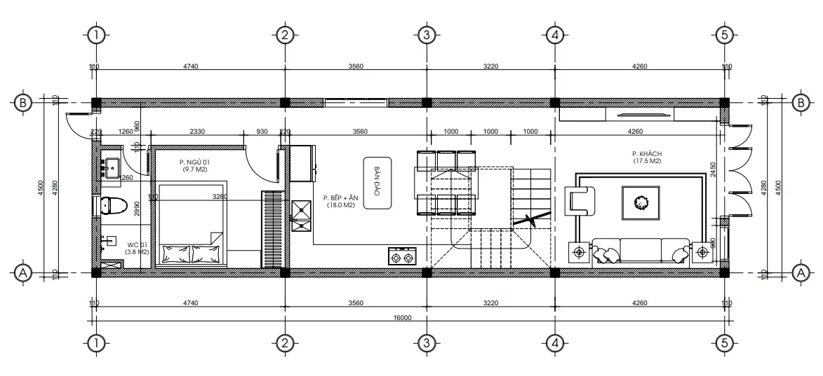 Bản vẽ bố trí công năng tầng 1 mẫu thiết kế nhà ống 3 tầng diện tích 72m2 gồm phòng khách và bếp ăn.