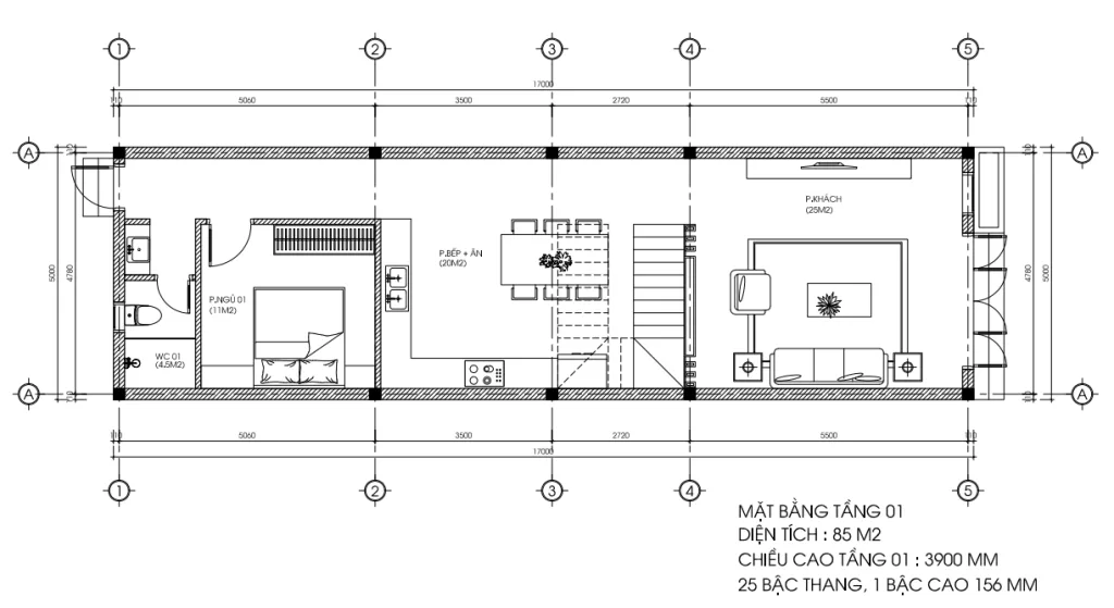 Bản vẽ kỹ thuật mặt bằng tầng 1 mẫu thiết kế nhà phố 3 tầng diện tích 85m2 gồm phòng khách liên thông bếp.